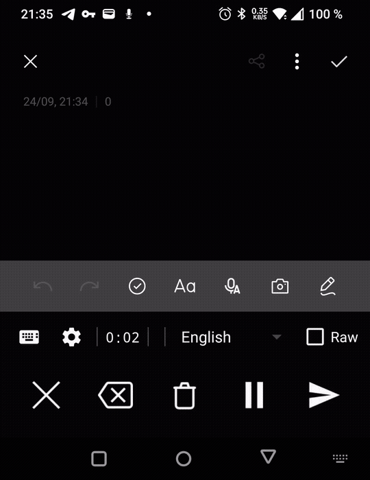 Screen recording: dictating with filler words into the Polished keyboard, tapping Send, and polished text appearing in the note